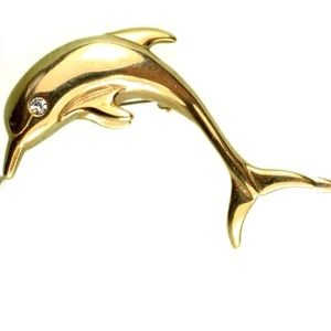 Krementz Brooch Gold Metal Plated Dolphin Brooch Pin with Crystal Eye Rare
